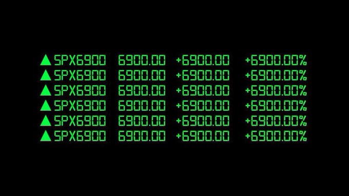 A black screen displays green stock market-style ticker data showing 'SPX6900' repeated six times with a value of '6900.00', a change of '+6900.00', and a percentage change of '+6900.00%'.
