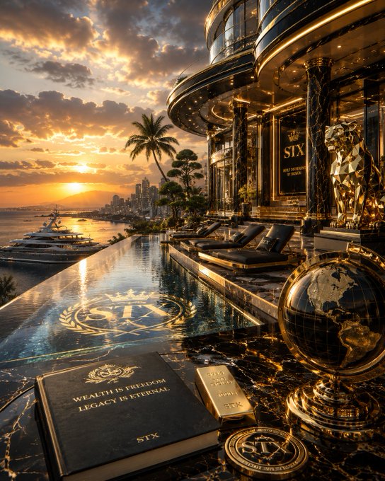 A luxurious promotional image featuring an opulent seaside mansion at sunset with yachts in the harbor, a golden infinity pool marked with 'STX', a globe, and a book reading 'WEALTH IS FREEDOM LEGACY IS ETERNAL' alongside gold bars branded with 'STX'.