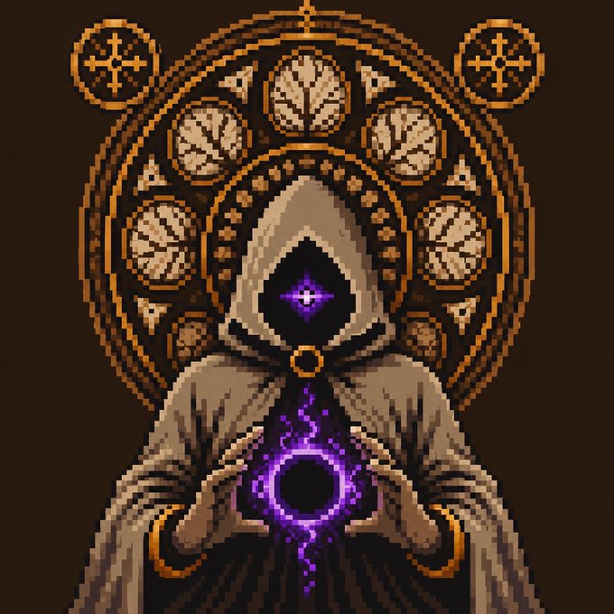 Pixel art depicting a hooded figure in brown robes manipulating dark purple magic energy, set against an intricate circular stained-glass style window or mandala background.
