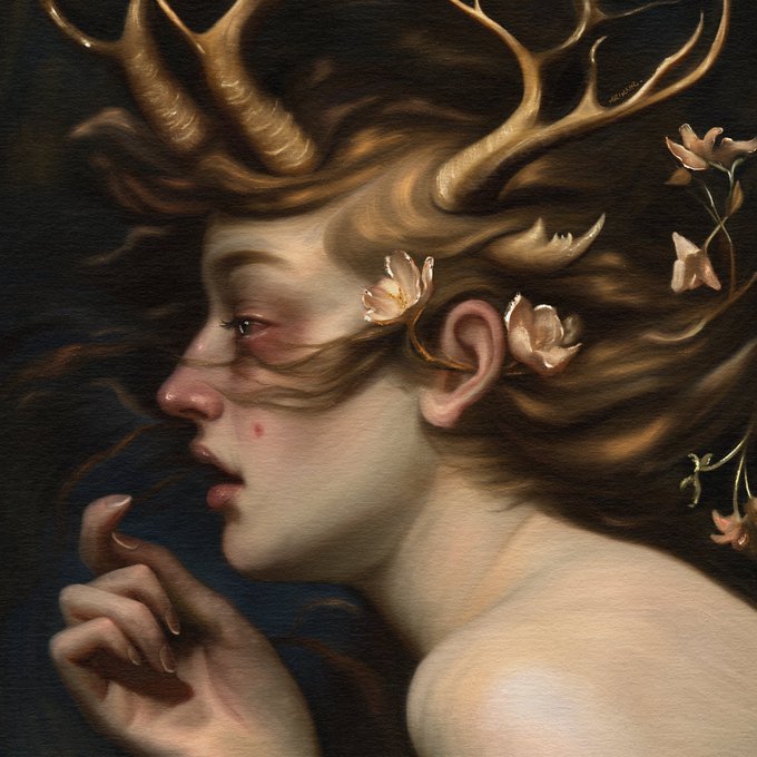 A detailed digital painting of a pale, ethereal figure with deer-like antlers growing from their head, adorned with small pink flowers in their hair.