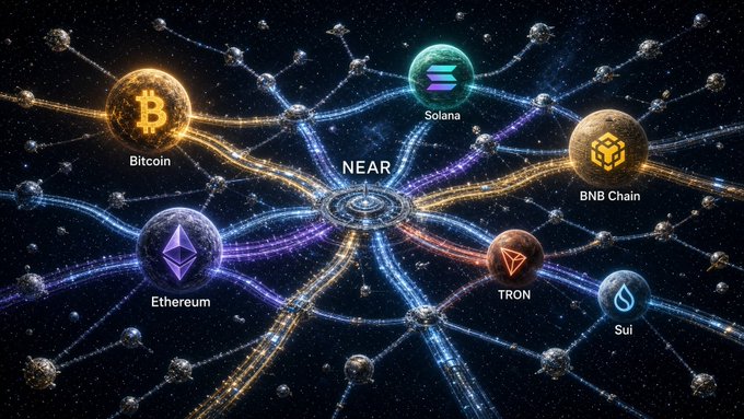 A futuristic digital illustration showing a network of cryptocurrency chains connected to a central NEAR Protocol hub. The interconnected blockchains include Bitcoin, Solana, BNB Chain, Ethereum, TRON, and Sui, depicted as glowing planets linked by streams of light.