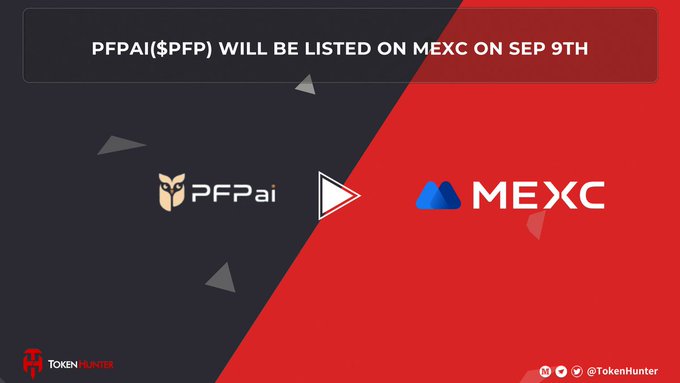 Promotional graphic announcing that PFP AI ($PFP) will be listed on MEXC on September 9th, featuring the PFPai and MEXC logos.