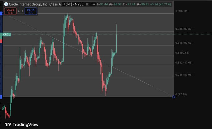 A TradingView candlestick chart for Circle Internet Group, Inc. Class A (CRCL) on NYSE showing price movement with Fibonacci retracement levels and a diagonal trendline.