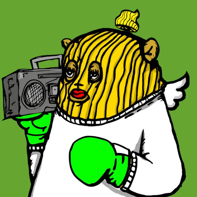 A cartoon illustration depicts a yellow-striped character resembling a honey pot wearing boxing gloves and holding a boombox against a green background.