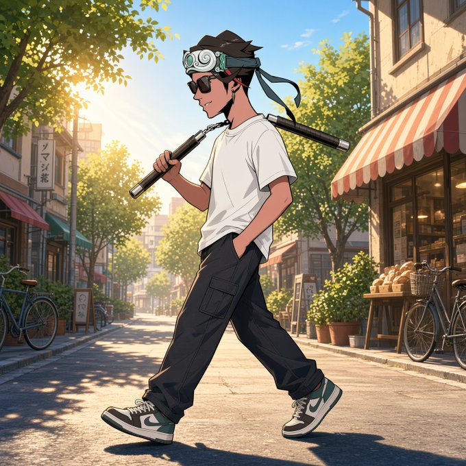 An anime-style illustration of a young man with a headband and sunglasses walking down a sunlit street while carrying nunchucks over his shoulder.