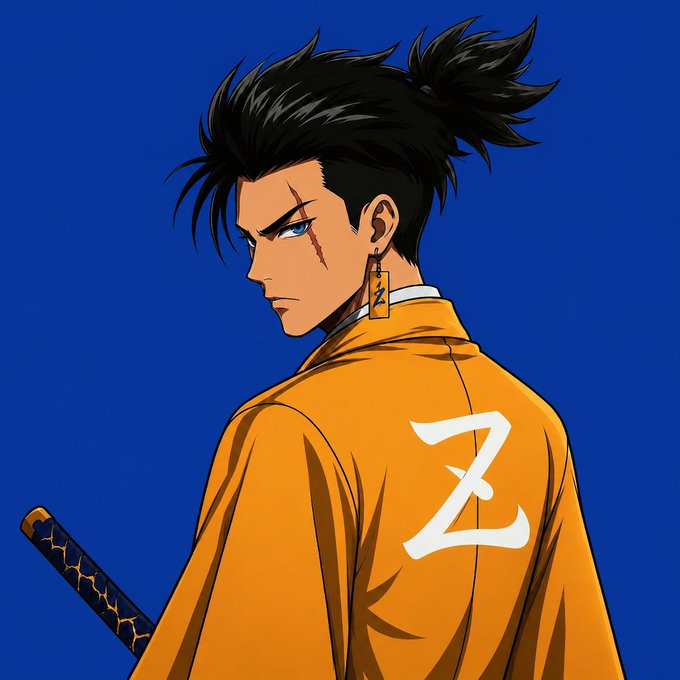 An anime-style character with a ponytail, facial scar, and katana wears an orange jacket prominently displaying the letter "Z," matching the "Zanto" branding mentioned in the collaboration announcement. The bold "Z" icon serves as a strong visual identity for the Zanto brand promoting open collaborations.