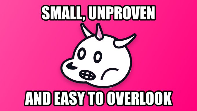 A pink meme graphic with a cartoon bull/unicorn face and text reading 'SMALL, UNPROVEN' on top and 'AND EASY TO OVERLOOK' on bottom.