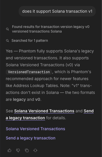 A dark-themed chat interface showing a Q&A about Solana transactions, with the user asking 'does it support Solana transaction v1' and the response explaining that Phantom supports legacy and versioned transactions, noting 'v1' transactions don't exist in Solana.