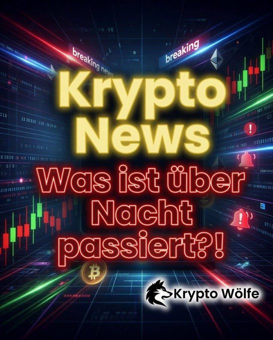 A German-language crypto news graphic by 'Krypto Wölfe' asks 'Was ist über Nacht passiert?!' (What happened overnight?!) with a Bitcoin symbol and candlestick charts on a dark digital background.