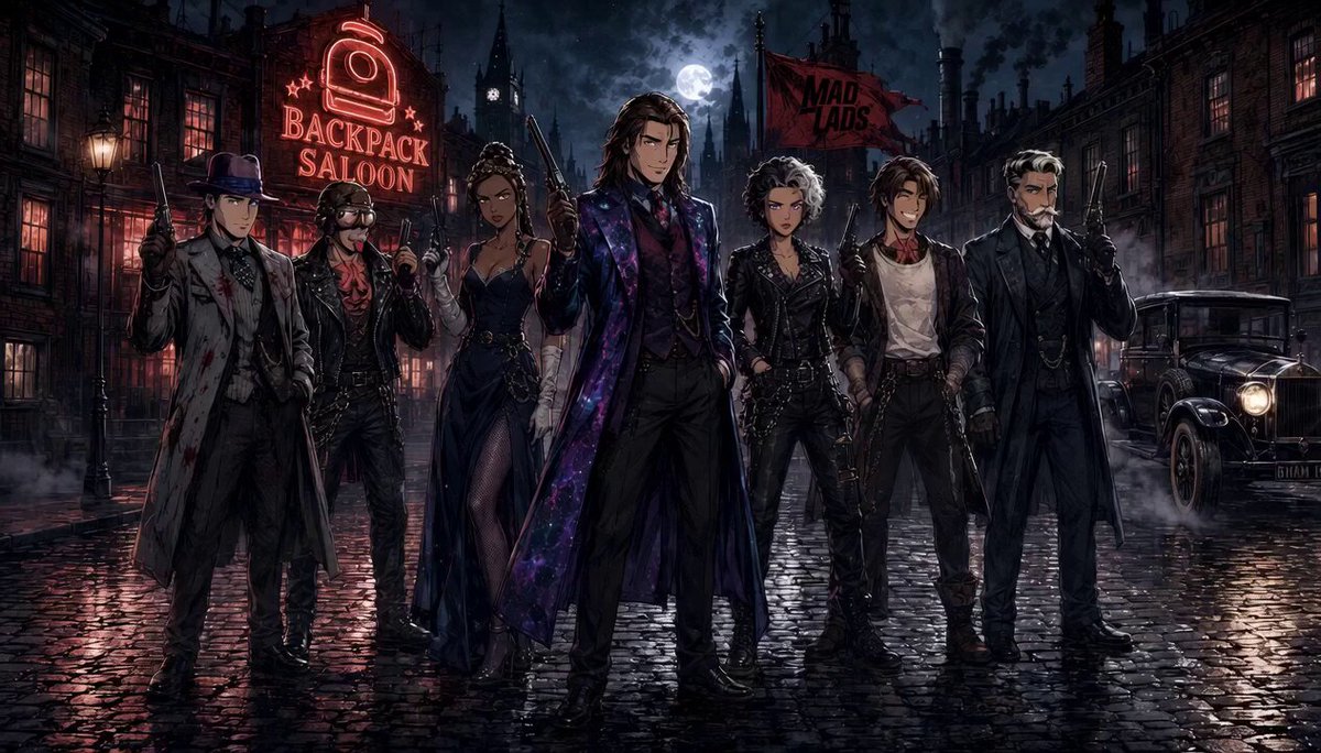 The image depicts a group of six individuals standing together at night near an urban environment featuring cars and buildings. One person among them has their hand on their hip, possibly indicating they are taking a moment to look proud or contemplative. The scene suggests that these individuals may be participating in a special event, such as the release of the album "At the current rate @Backpack airdropped $6M+ to @MadLads". They appear to be part of an exclusive group, possibly related to Backpack. In the post caption, it is emphasized how these individuals can be compared to Link Marines and Chainlink, highlighting their unique characteristics or achievements in comparison to others.