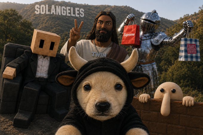 A figure resembling Jesus wearing a "TWIN" chain flashes a peace sign alongside a suited cardboard box character, a knight in shining armor carrying a red "Supreme" bag and a "Bath & Body Works" bag, and a cute calf in a hoodie, all gathered near a cute creature popping out of a brick block, with the "SOLANGELES" sign visible in the Hollywood Hills-style background—visually representing the memecoins listed ($Jotchua, $KILROY, $SOLANGELES, $KINS, $KNIGHT, $Twin) as the creator's top picks for community-driven generational wealth.