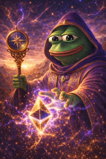 The image features an illustration of a frog dressed as a wizard with a staff and a crystal ball. The frog appears to be holding a book titled "The Book of Ethereum" while standing under a starry sky, surrounded by stars. This artwork seems to be related to the concept of cryptocurrency or blockchain technology, which is often associated with digital currencies like Bitcoin. The post also mentions that owning the book could be a rare opportunity and suggests that it might have potential value in the future.