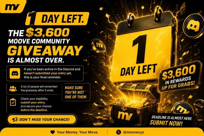 A promotional graphic for 'THE $3,600 MOOVE COMMUNITY GIVEAWAY' with '1 DAY LEFT' prominently displayed, featuring Discord-themed branding in gold and black.