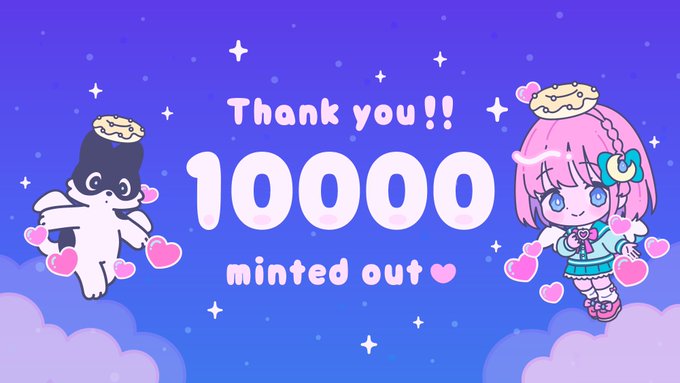 The image is a celebratory graphic featuring a cute pink-haired anime-style girl with a donut-like headpiece on the right, and a small octopus character wearing a similar donut hat on the left, set against a starry purple background with floating hearts. The text reads "Thank you!! 10000 minted out ♥," perfectly matching the post's announcement that all 10,000 dropchan NFTs have been successfully minted.