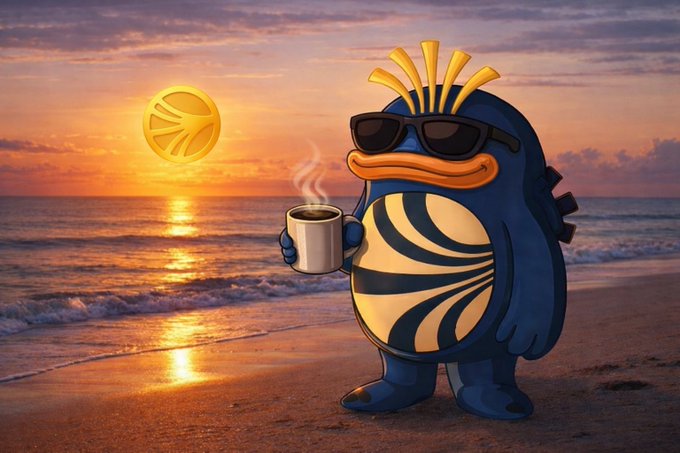 A blue and yellow cartoon mascot wearing sunglasses holds a steaming mug of coffee on a beach at sunset, with a volleyball floating in the sky.