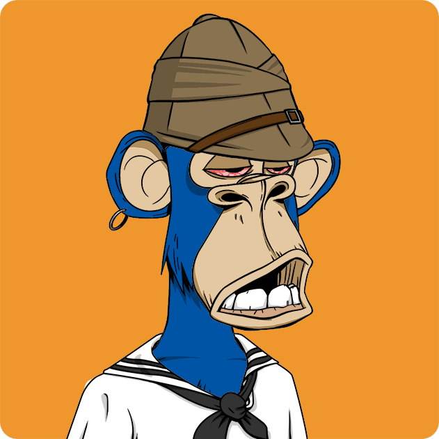 The image features a cartoon monkey wearing a hat, a sailor's outfit with a tie, and a bow tie. The monkey appears to be wearing a hat that has a band around its neck. The background of the image is orange, which contrasts with the blue color of the monkey's outfit. There are no texts or other objects in the image.