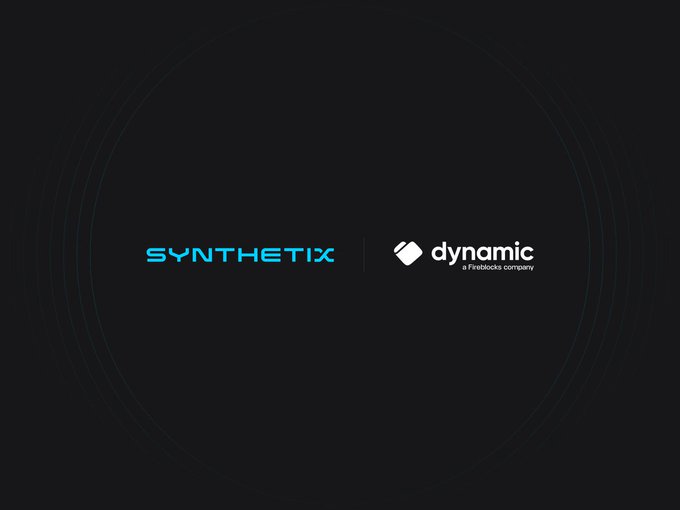 The image features a logo that says "Synthetix" in blue letters against a black background. Below this logo, there's a white text box with the words "Dynamic" written in white letters. The text box also contains the phrase "@FireblocksHQ Synthetix has partnered with Fireblock's Dynamic wallet infrastructure for fast, secure onboarding to Synthetix Perps."