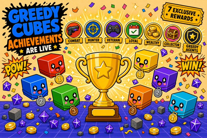A vibrant promotional graphic announces "GREEDY CUBES ACHIEVEMENTS ARE LIVE" alongside a "7 EXCLUSIVE REWARDS" banner, showcasing seven achievement categories—Combat, Hunter, Veteran, Loyal, Wealthy, Collector, and Greedy Agents—with colorful cube characters wearing medals around a central golden trophy. The lively scene is filled with confetti, coins, and gems, visually reinforcing the post's call to stack progress across milestones and claim rewards.