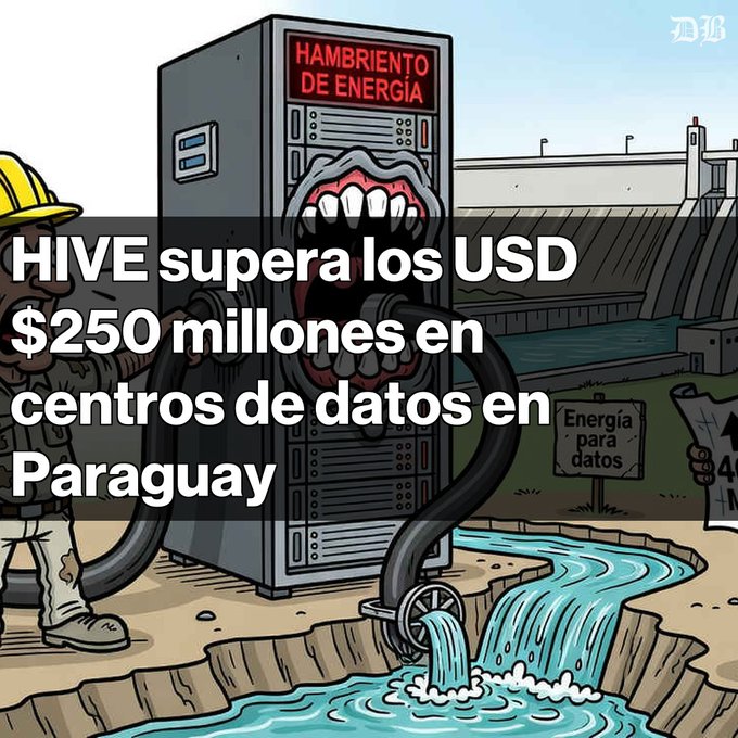 A cartoon data-center cabinet with hoses and a fanged opening stands near a pit draining water. Spanish text says “HAMBRIENTO DE ENERGÍA,” and a headline reads “HIVE supera los USD $250 millones en centros de datos en Paraguay.”