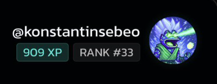 A user profile badge showing the handle '@konstantinsebeo' with 909 XP, Rank #33, alongside a cartoon dinosaur astronaut avatar on a dark background.