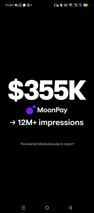 The image displays a bold promotional graphic on a black background featuring "$355K" and "MoonPay" with an arrow pointing to "12M+ impressions," accompanied by the tagline "The smartest distribution play in crypto?" This visually summarizes MoonPay's viral marketing success, illustrating how their PayBox and PayDrop giveaway campaign generated massive engagement on Crypto Twitter.