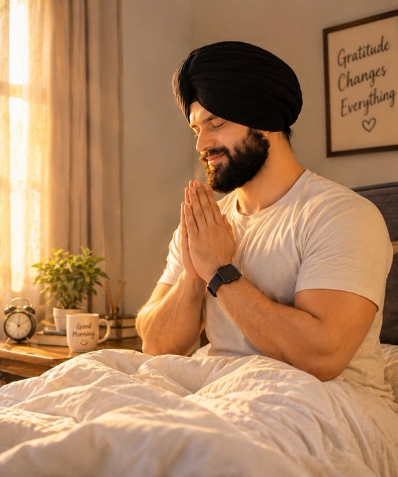 A bearded man wearing a black turban and white t-shirt sits cross-legged in bed with his hands pressed together in a prayer or meditation pose, with a 'Gratitude Changes Everything' sign and a 'Good Morning' mug visible in the warmly lit room.