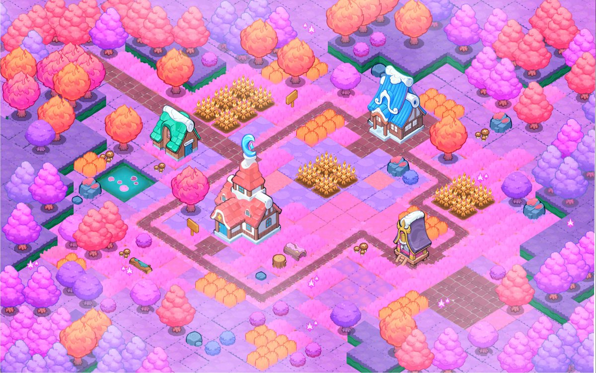 The image features a colorful, whimsical scene of a town with houses and buildings made out of tiles or small rocks, surrounded by trees and flowers. There are three different types of terrariums within this town, each containing various plants and animals. One terrarium has a birdhouse, another has a cat, and the third one is empty. The post suggests that there might be more to explore in this Mystic land from @AxieInfinity's upcoming digital pet experience, where players can interact with these terrariums and learn about different types of plants and animals within them.