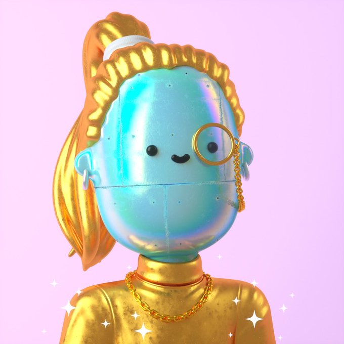 A 3D-rendered cartoonish figure with an iridescent blue egg-shaped head, gold hair in a ponytail, a monocle, and a gold chain necklace, posed against a pastel pink background with star graphics.