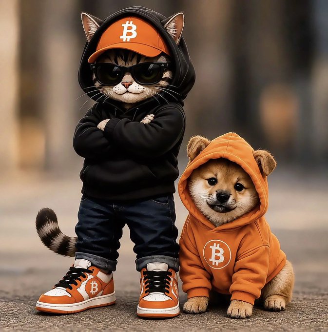 AI-generated illustration of a cat and dog in urban streetwear; the cat wears a black hoodie with an orange Bitcoin 'B' cap and sunglasses, while the dog wears an orange Bitcoin hoodie, both featuring Bitcoin logos on their shoes and clothing.