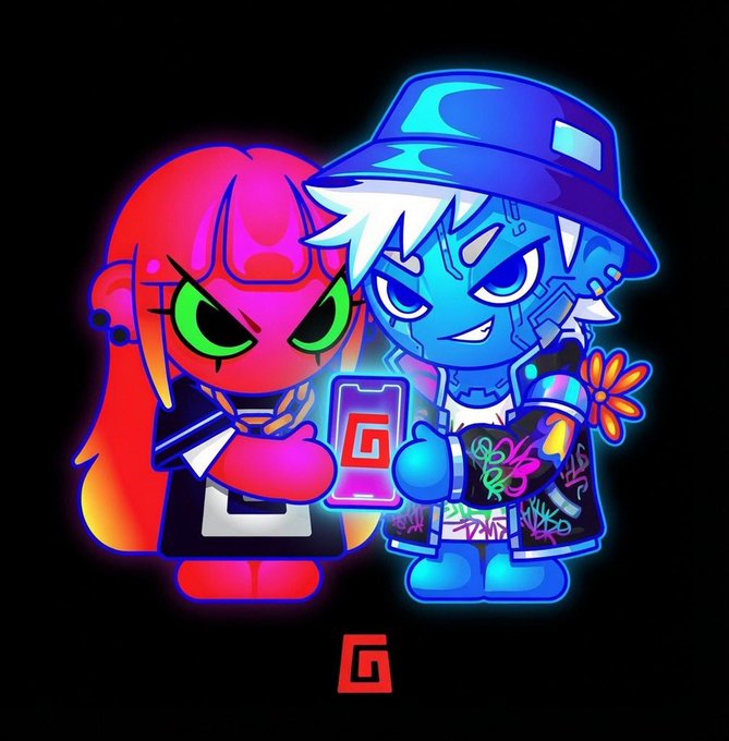 A neon-styled cartoon illustration of two characters—one pink/red with green eyes and one blue with a bucket hat—holding a phone with a 'G' logo, against a black background.