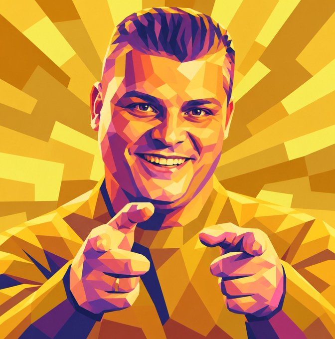 A colorful geometric/vector art portrait of a smiling man pointing directly at the viewer against a radiating yellow sunburst background.