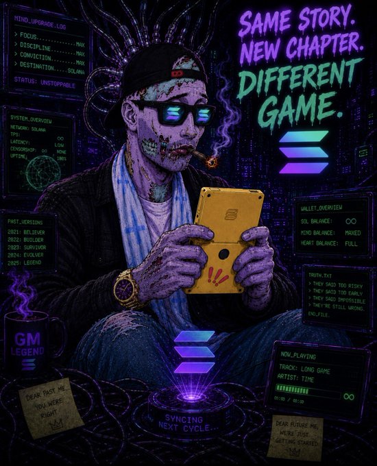 A neon cyberpunk-style digital artwork of a zombie-like man smoking a cigarette and holding a yellow device, surrounded by glitchy text including 'SAME STORY. NEW CHAPTER. DIFFERENT GAME.', 'GM LEGEND', and Solana logos, with a profile listing '2021: BELIEVER, 2022: BUILDER, 2023: SURVIVOR, 2024: EVOLVER, 2025: LEGEND'.