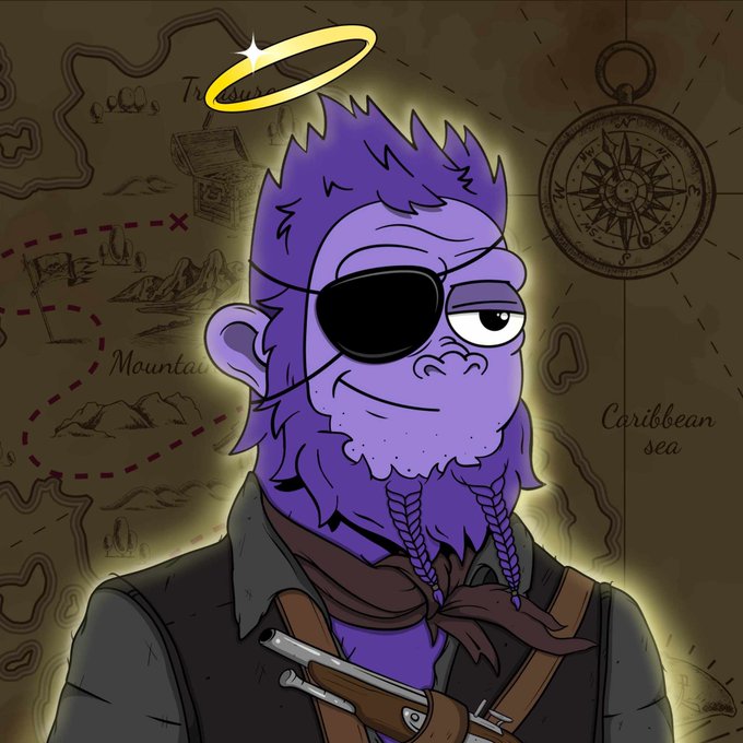 An animated/illustrated character of a purple-furred ape with an eyepatch, braided beard, halo, and a gun holster, set against a treasure map background labeled 'Caribbean Sea' and 'Mountains.'