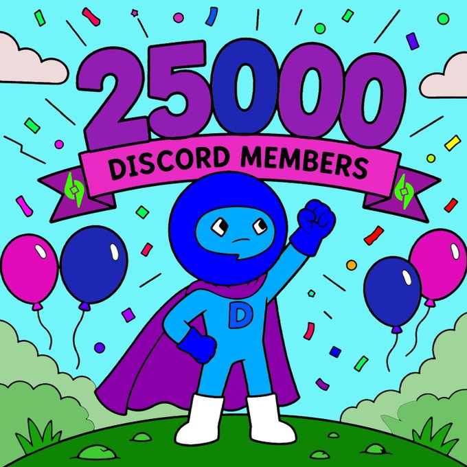 A colorful illustration celebrating 25,000 Discord members, featuring a blue superhero character with a 'D' on its chest, balloons, and confetti.