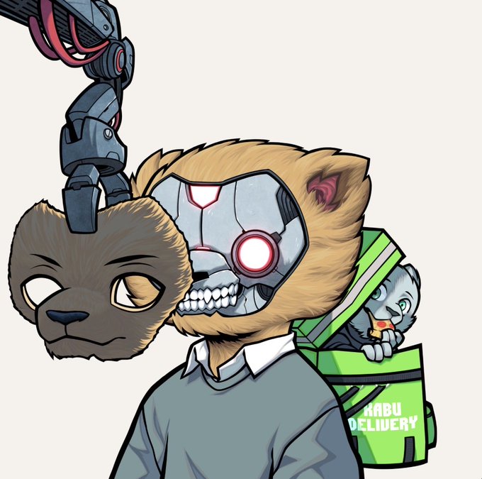 Anime-style illustration of a character wearing a mechanical bear mask and a green 'HABU DELIVERY' backpack, holding the disembodied head of a brown bear.