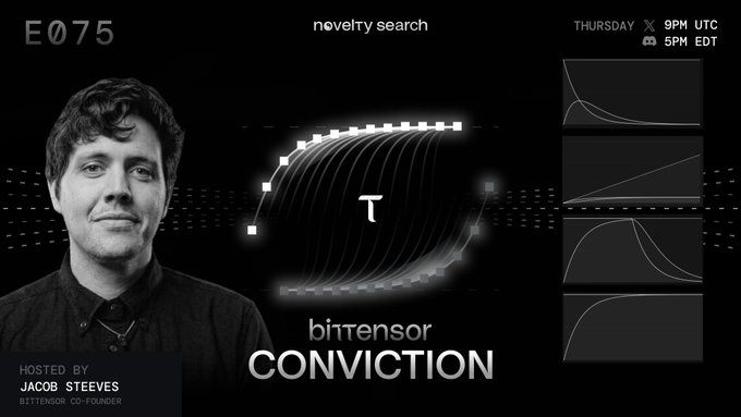 The image features a poster for an event called "Novelty search" that takes place on Saturday at 5pm. The poster includes a photo of a man wearing a black shirt with white text, which reads "bittensor Conviction". The poster also contains information about the event and its schedule.