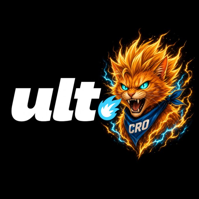 A fiery, stylized cat mascot logo for 'ult' wearing a blue bandana marked 'CRO', surrounded by orange flames and blue lightning against a black background.