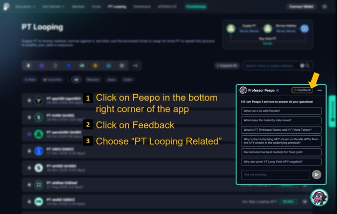 A screenshot of a web interface for PT Looping with annotated instructions showing how to access the Professor Peepo AI assistant, click on Feedback, and choose "PT Looping Related" from the chat options.