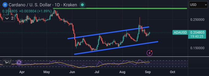 A daily candlestick chart of Cardano/U.S. Dollar (ADA/USD) on Kraken shows the price at $0.204805, up 1.99% (+$0.003804), trading within an ascending channel pattern as it attempts to break out above resistance near $0.25 after a prior failed attempt.