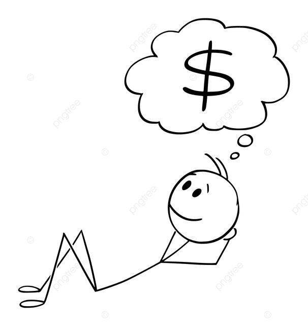 A black-and-white line drawing of a stick figure lying down and smiling, with a thought bubble containing a dollar sign.