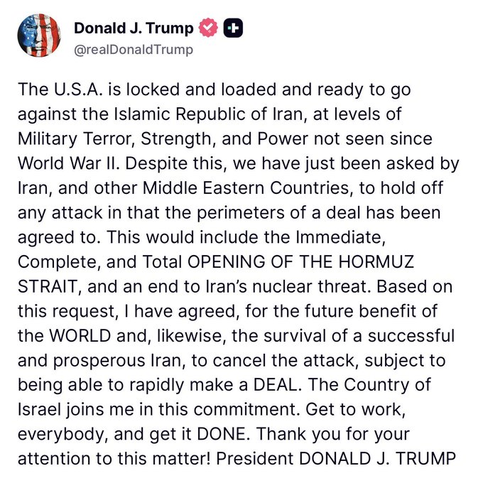A screenshot of a Truth Social post by Donald J. Trump (@realDonaldTrump) announcing he has cancelled a planned military attack on Iran after being asked by Middle Eastern countries to hold off while a deal is being negotiated, with emphasis on opening the Strait of Hormuz and ending Iran's nuclear threat.

The caption "PUMP POST SOON, YOU WILL SEE DUMP POST" suggests this post was used to artificially inflate (pump) a stock or asset price before a coordinated sell-off (dump), exploiting the geopolitical news to manipulate the market.
