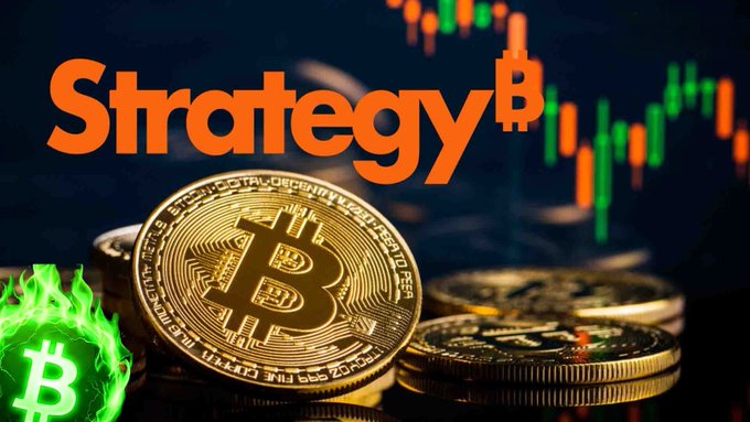 A promotional graphic featuring stacked Bitcoin coins with the word 'Strategy' and a Bitcoin logo, set against a background of green and red trading charts.