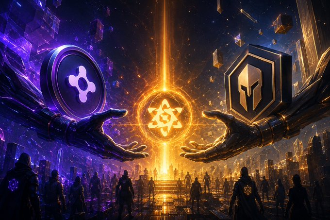 A dramatic sci-fi/fantasy digital artwork depicting two large gloved hands—one purple holding an XRP/Ripple logo and one gold holding a crypto shield—reaching toward a glowing orange atom-like symbol, with a crowd of silhouetted figures below.