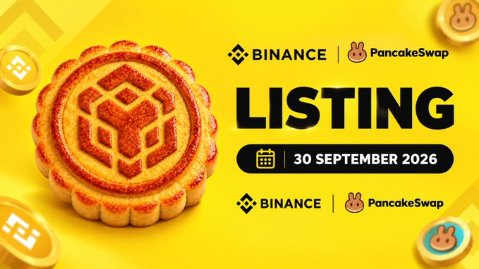 A promotional graphic announces a Binance and PancakeSwap listing on 30 September 2026, featuring a decorative pastry with the BNB logo design and rabbit-themed branding.