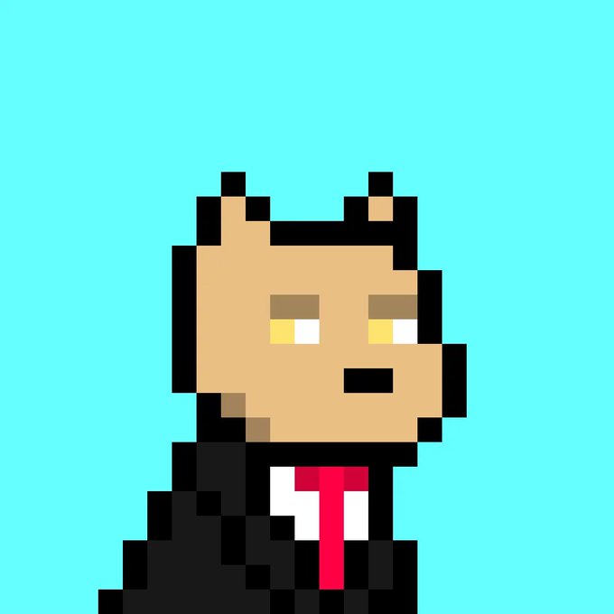 A pixel art portrait of a tan-colored anthropomorphic character wearing a black suit and red tie against a bright cyan background.