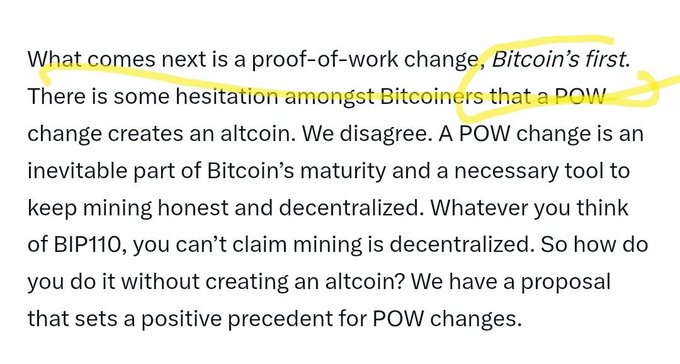 The image shows a highlighted text excerpt arguing that a proof-of-work (POW) change does not necessarily create an altcoin, calling it "Bitcoin's first" such change and part of its maturity. This directly contradicts the accompanying post's claim that any POW change inevitably creates a "shitcoin."