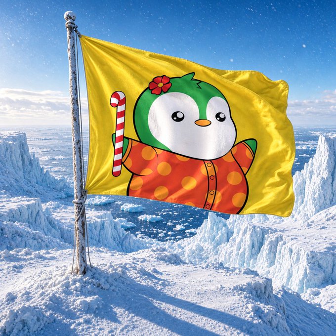 Yellow flag waving on a snowy mountaintop featuring a cartoon penguin in an orange polka-dot outfit holding a candy cane.