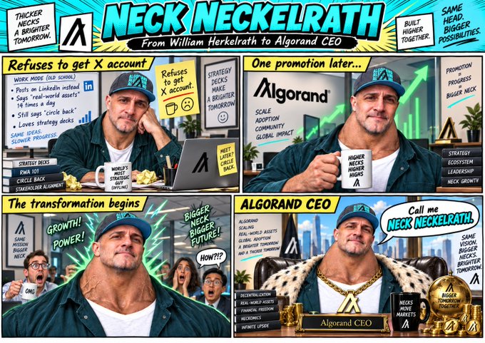 A 4-panel comic titled 'NECK NECKELRATH' depicting a comedic story of a man's transformation from refusing an X account strategy deck to becoming the 'Algorand CEO' complete with a throne and gold.
