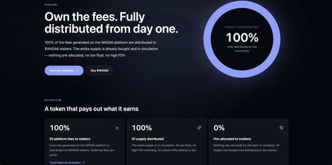 This image showcases the WAGMI platform's commitment to its users, highlighting that "100% of fees generated on the WAGMI platform are distributed to $WAGMI stakers" and that "100% of supply [is] distributed". This aligns with the post's emphasis on real yield and fair distribution.