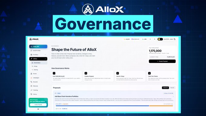 A screenshot of the AlloX platform's governance page titled 'Shape the Future of AlloX', featuring a proposal called 'Add Base Chain Narrative Portfolio' with 1,175,000 votes locked, displayed against a dark blue background with triangle patterns.